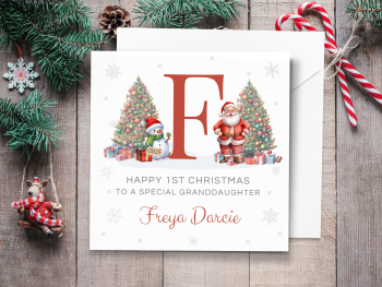 Personalised 1st Christmas Card 2025 with Santa & Initial - RED