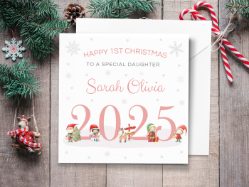 Baby's 1st Christmas 2025 Personalised Card with Santa's Elves - PINK