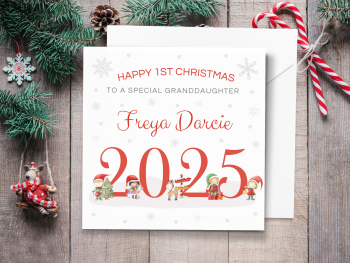 Baby's 1st Christmas 2025 Personalised Card with Santa's Elves - RED