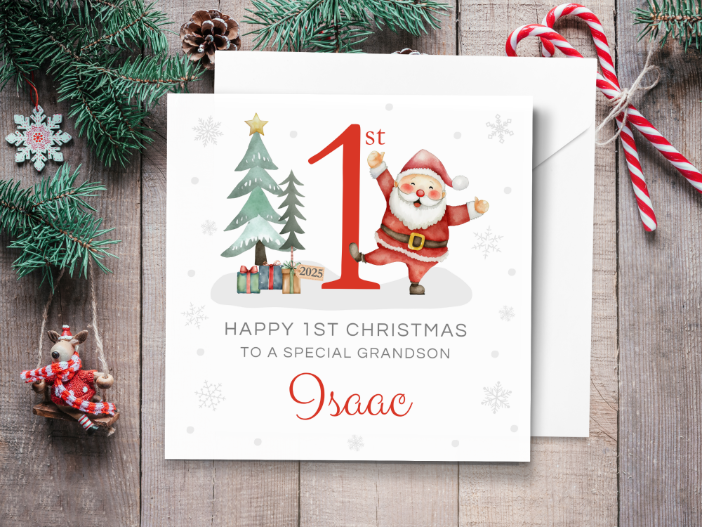 Baby's 1st Christmas 2025 Santa Personalised Card - RED
