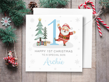 Baby's 1st Christmas 2025 Santa Personalised Card - BLUE