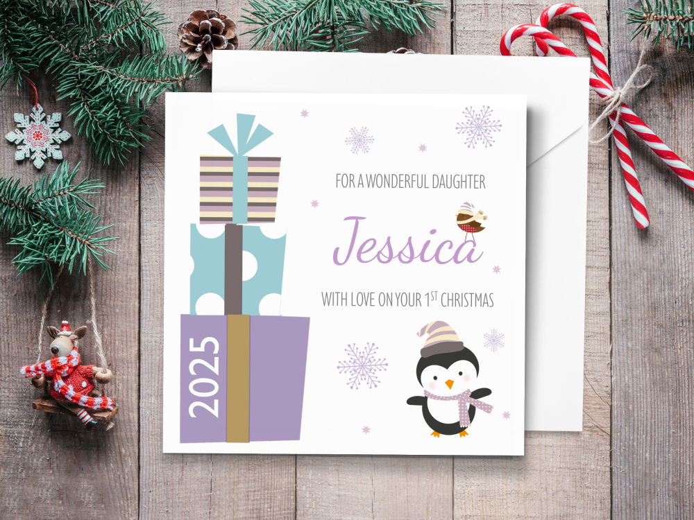 Girl's Lilac Penguin & Gifts 2025 Personalised 1st Christmas Card