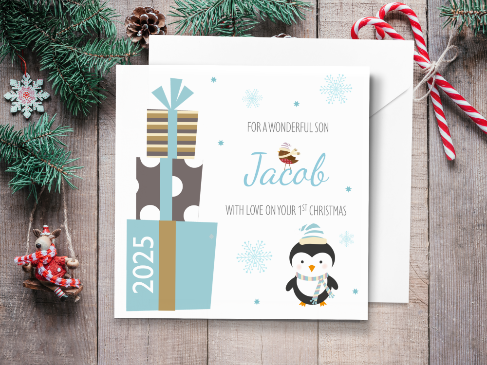 Boy's Blue Penguin & Gifts 2025 Personalised 1st Christmas Card