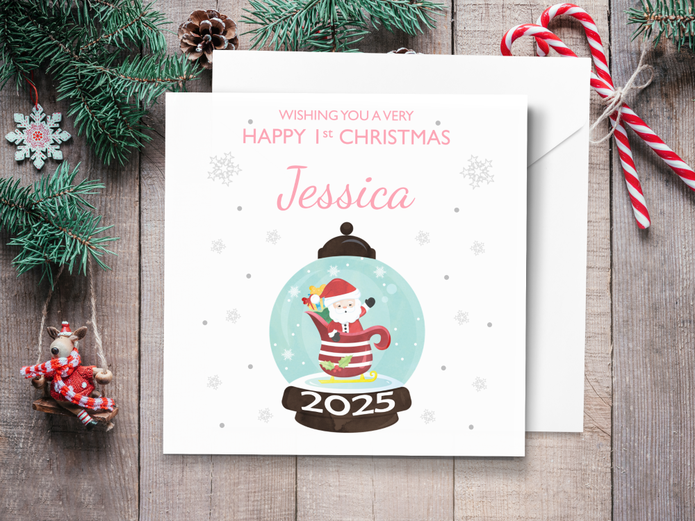 Santa Snowglobe - 2025 Girl's 1st Christmas Personalised Card - Pink