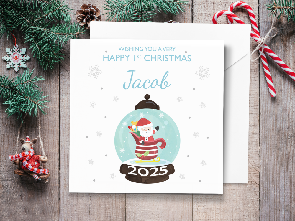Santa Snowglobe - 2025 Boy's 1st Christmas Personalised Card - Blue