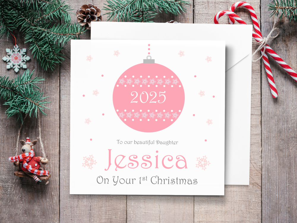 Pink Bauble 2025 Personalised Christmas Card