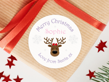 Reindeer Girl's Personalised Christmas Stickers (Pink)