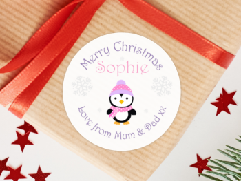 Penguin Girl's Personalised Christmas Stickers (Pink)