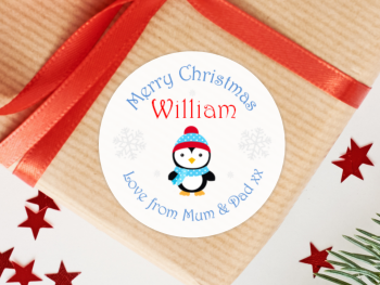 Penguin Boy's Personalised Christmas Stickers (Blue)