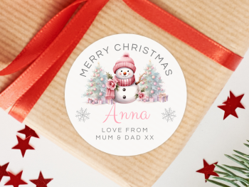 PINK Snowgirl Personalised Christmas Stickers