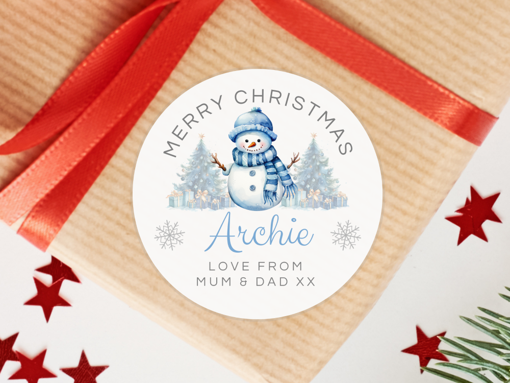 BLUE Snowboy Personalised Christmas Stickers