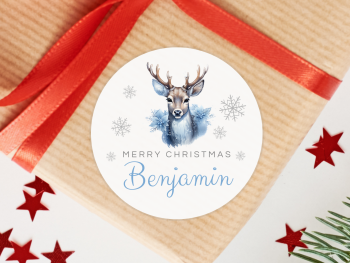 BLUE Reindeer Stag Personalised Christmas Stickers
