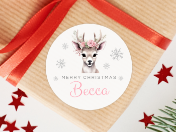 PINK Reindeer Personalised Christmas Stickers