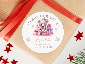 PINK Teddy Bear Personalised Christmas Stickers
