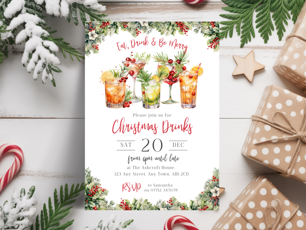 Eat Drink & Be Merry Christmas Drinks Party InvitationsDIGITAL or PRINTED