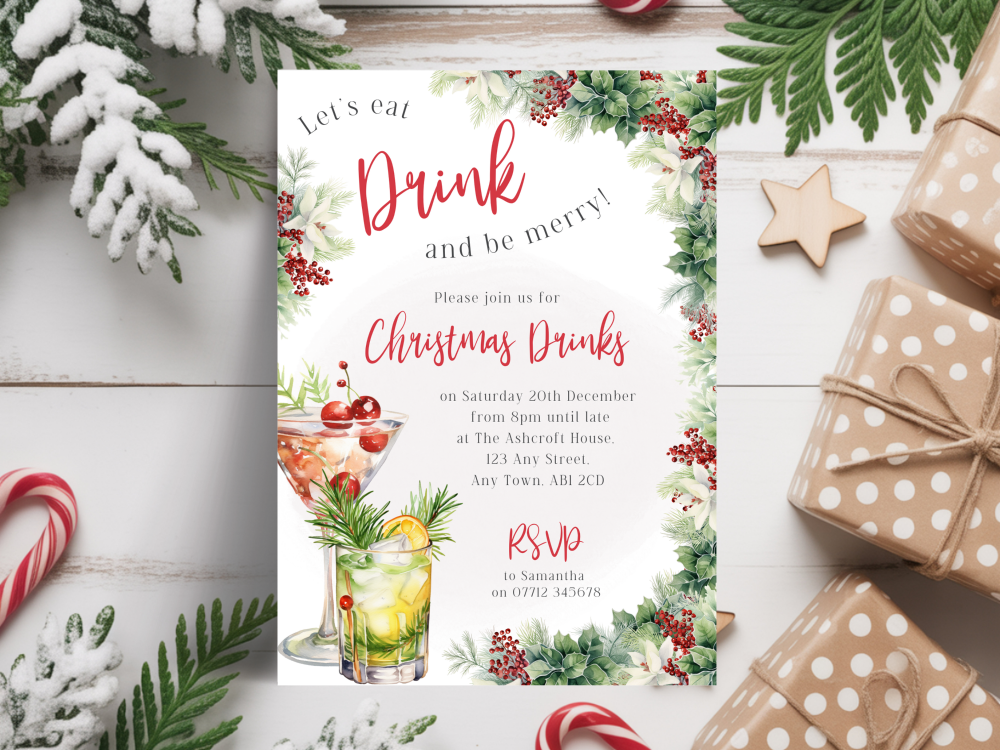 Let's Eat Drink & Be Merry Christmas Drinks Party InvitationsDIGITAL or PRINTED