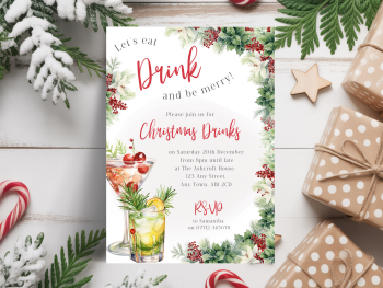 Let's Eat Drink & Be Merry Christmas Drinks Party InvitationsDIGITAL or PRINTED