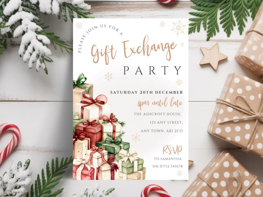 Red & Green Gift Exchange Christmas Party InvitationsDIGITAL or PRINTED
