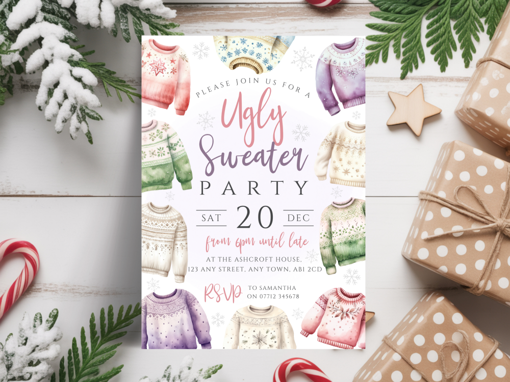 Pastel Ugly Sweater Christmas Party InvitationsDIGITAL or PRINTED