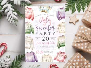 Pastel Ugly Sweater Christmas Party InvitationsDIGITAL or PRINTED