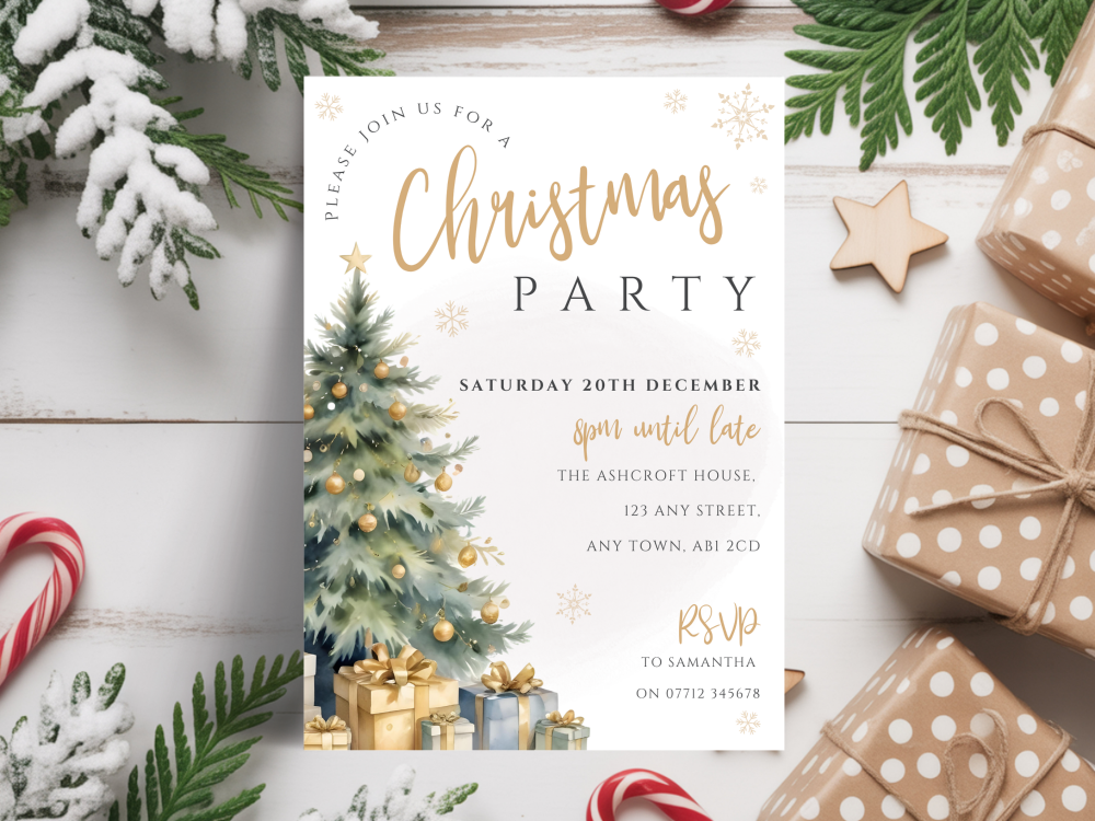 Gold Christmas Tree Party Invitations<br>DIGITAL or PRINTED