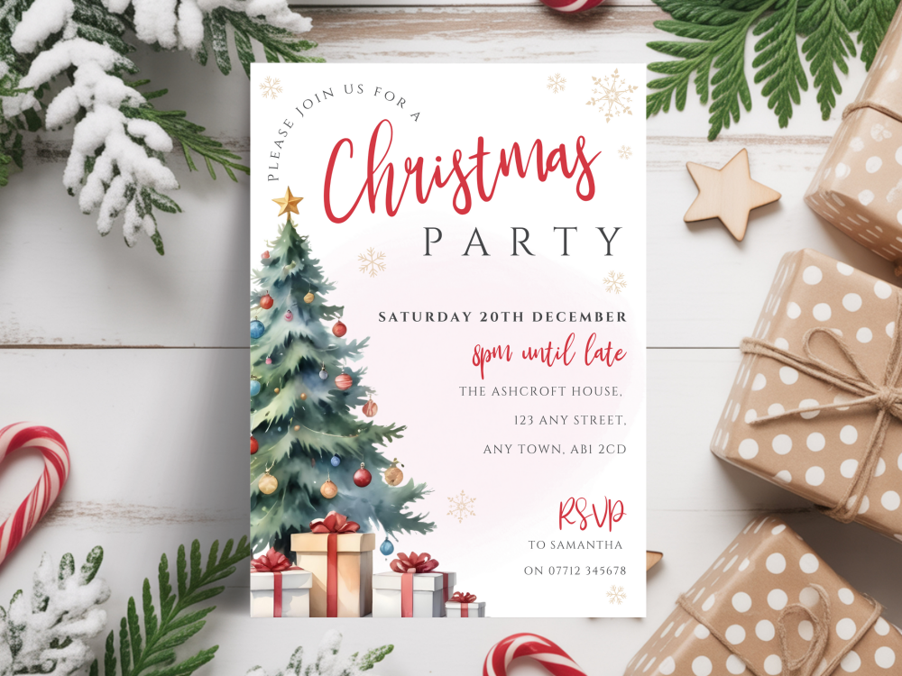 Red Christmas Tree Party Invitations<br>DIGITAL or PRINTED