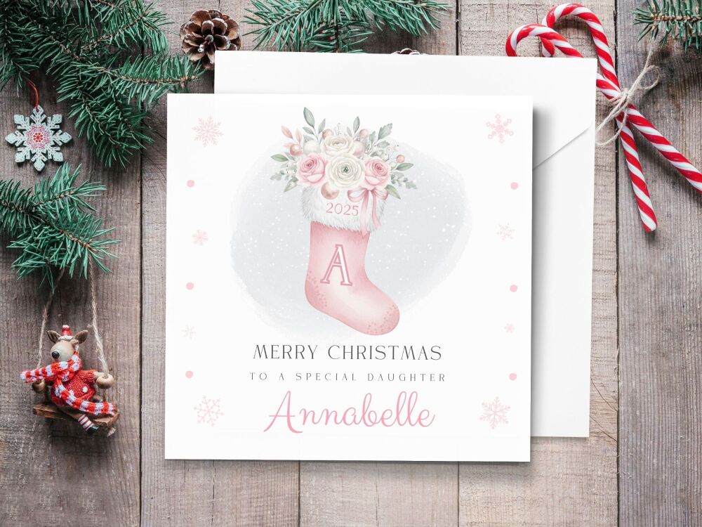 Pink Stocking with Initial Personalised Christmas Card