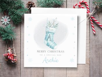 Blue Stocking with Initial Personalised Christmas Card