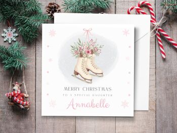 Pink Ice Skating Theme Personalised Christmas Card