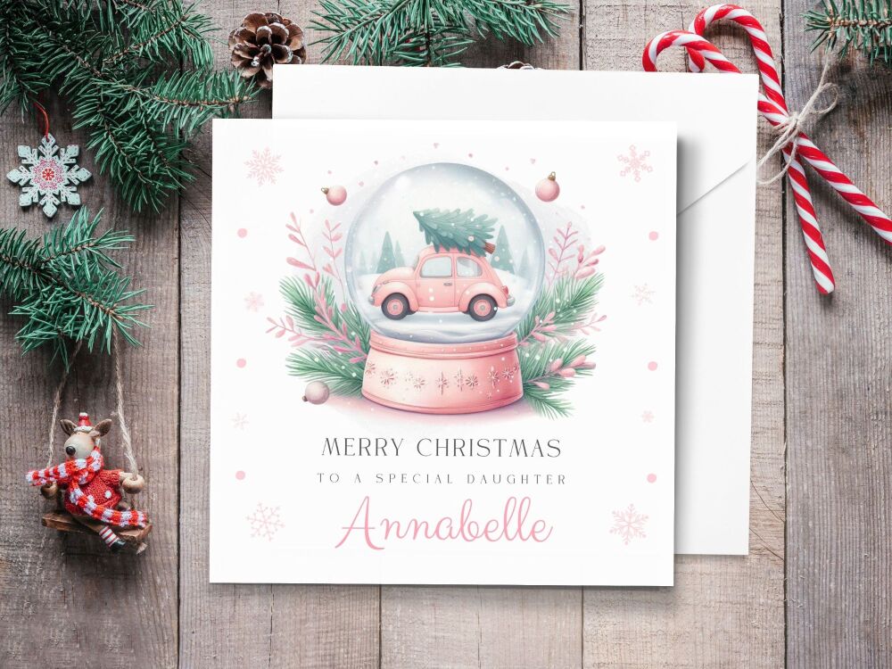 Pink Snow Globe Personalised Christmas Card
