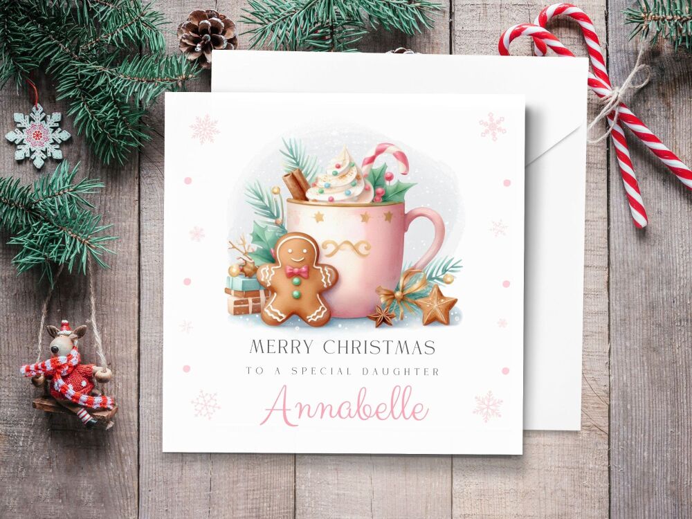 Pink Hot Chocolate & Gingerbread Personalised Christmas Card