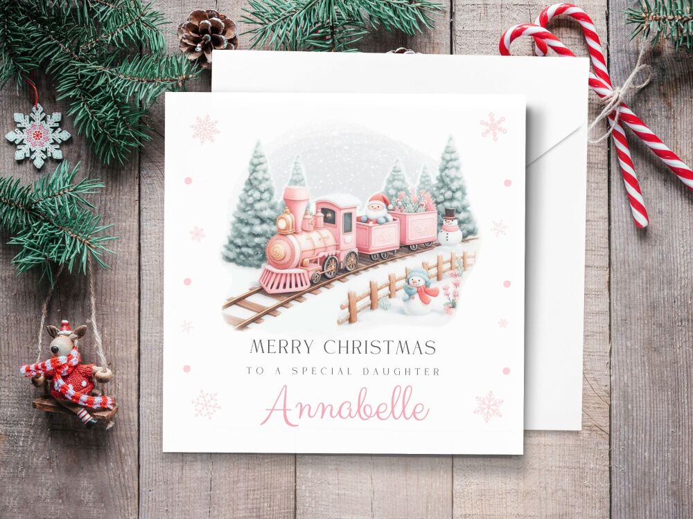 Pink Santa Train Personalised Christmas Card
