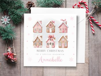 Pink Gingerbread Houses Personalised Christmas Card
