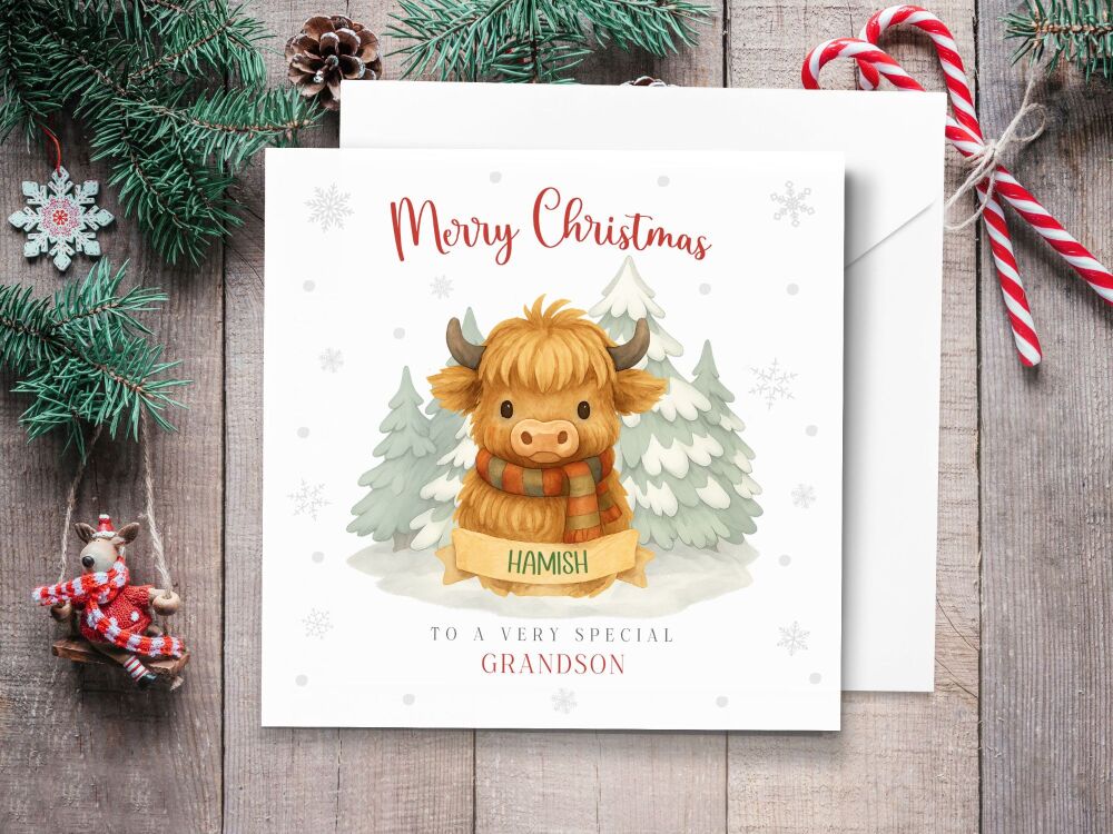 Highland Cow Boy Character Personalised Christmas Card