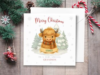 Highland Cow Boy Character Personalised Christmas Card