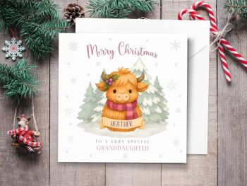 Highland Cow Girl Personalised Christmas Card