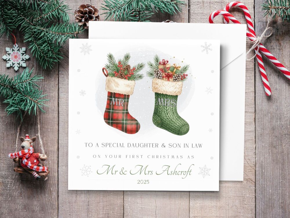 First Christmas as Mr & Mrs Stockings - Personalised Couples Christmas Card (or Mr & Mr or Mrs & Mrs)