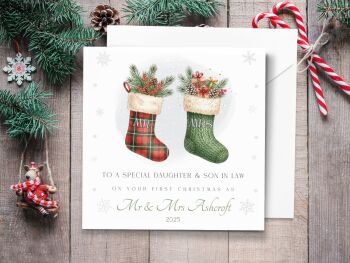 First Christmas as Mr & Mrs Stockings - Personalised Couples Christmas Card (or Mr & Mr or Mrs & Mrs)
