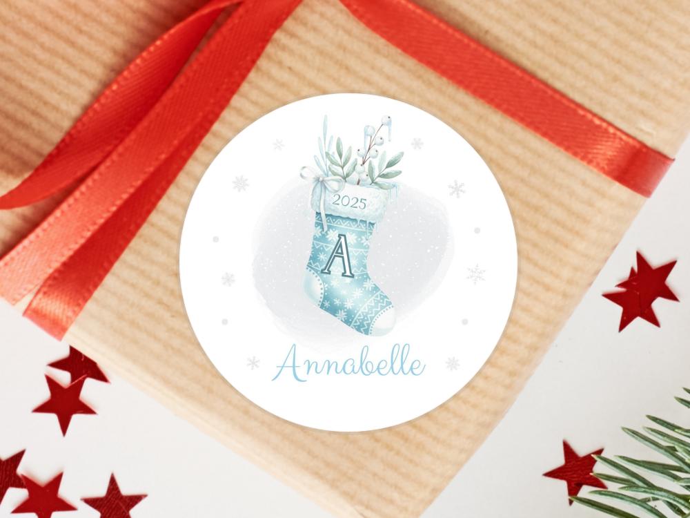 BLUE Stocking Name & Initial 2025 Personalised Christmas Stickers