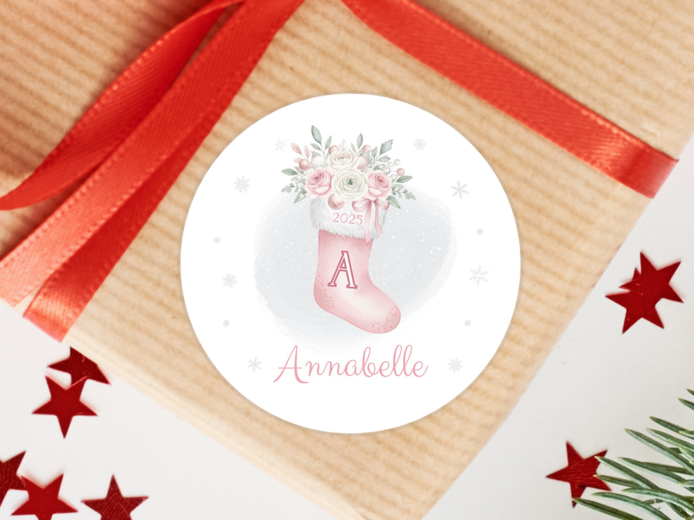 PINK Stocking Name & Initial 2025 Personalised Christmas Stickers