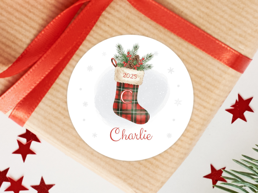 RED Stocking Name & Initial 2025 Personalised Christmas Stickers
