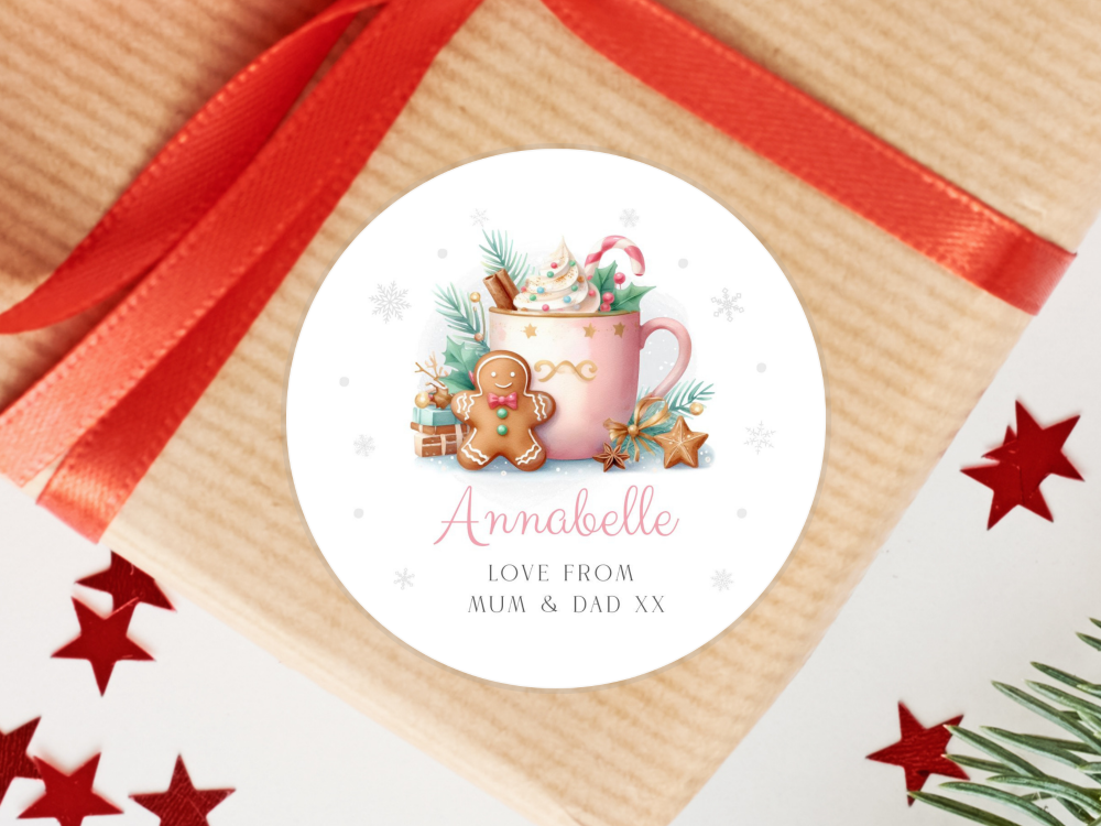 PINK Hot Chocolate & Gingerbread Girl Personalised Christmas Stickers