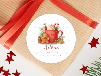 RED Hot Chocolate & Gingerbread Boy Personalised Christmas Stickers