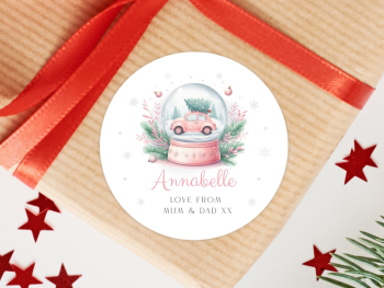 PINK Snow Globe Personalised Christmas Stickers
