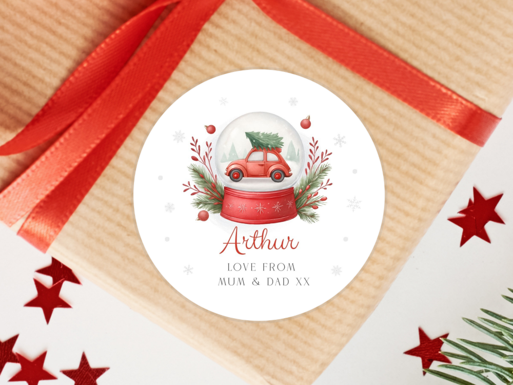 RED Snow Globe Personalised Christmas Stickers