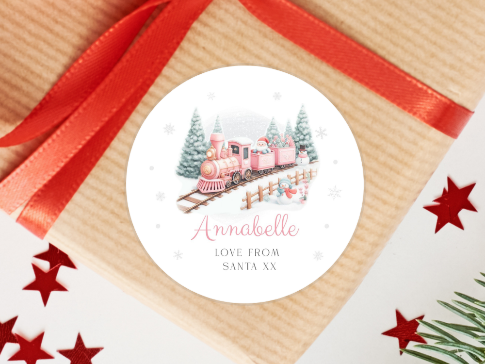 PINK Santa Train Personalised Christmas Stickers