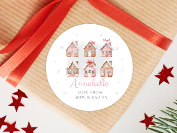 PINK Gingerbread Houses Personalised Christmas Stickers