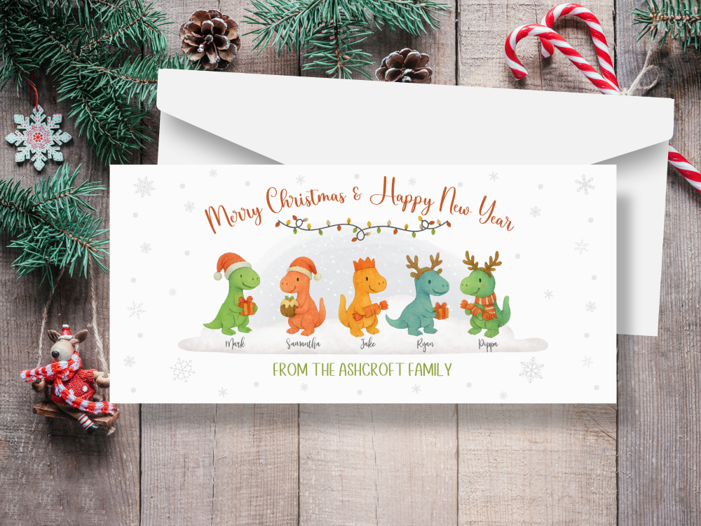 Christmas Dinosaurs Personalised Family Surname Cards - Pack of 10