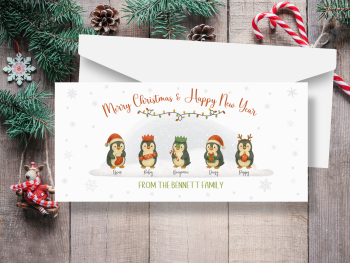 Christmas Penguins Personalised Family Surname Cards - Pack of 10