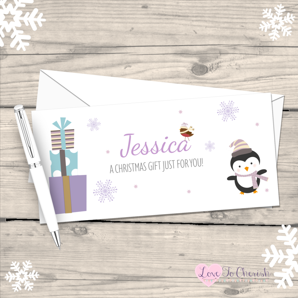 Lilac Penguin Personalised Christmas Money / Gift Wallet